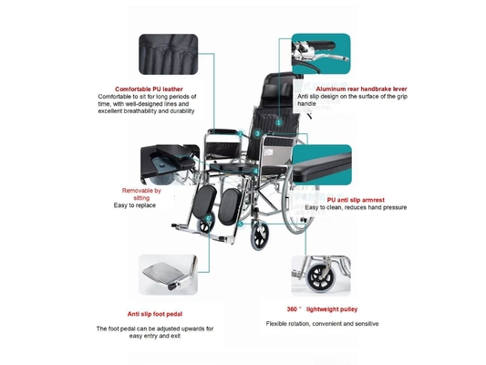 Chaise roulante à roulettes à recul manuel en aluminium pleine fonction pour l'hôpital de soins à domicile extérieur noir